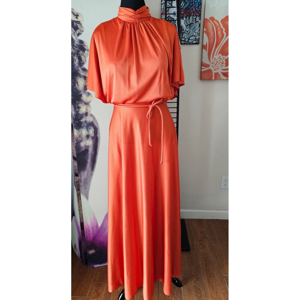 Vintage Burnt Orange 70s Style Mock Neck Flutter Sleeve Maxi Dress Rust Gown 6